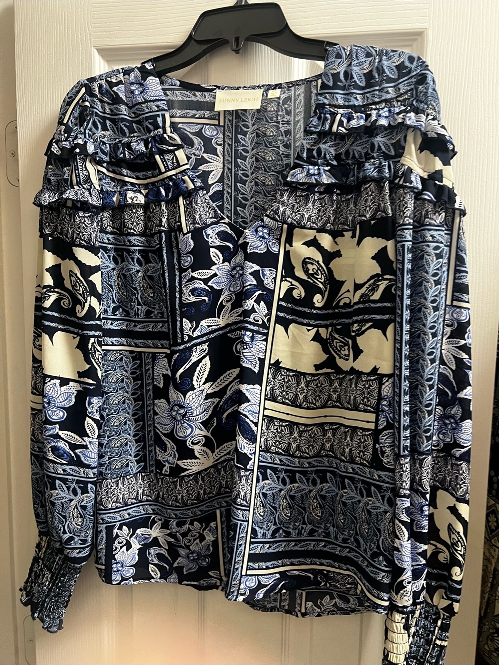 Sunny Leigh Navy & White Paisley Ruffle Peasant Blouse